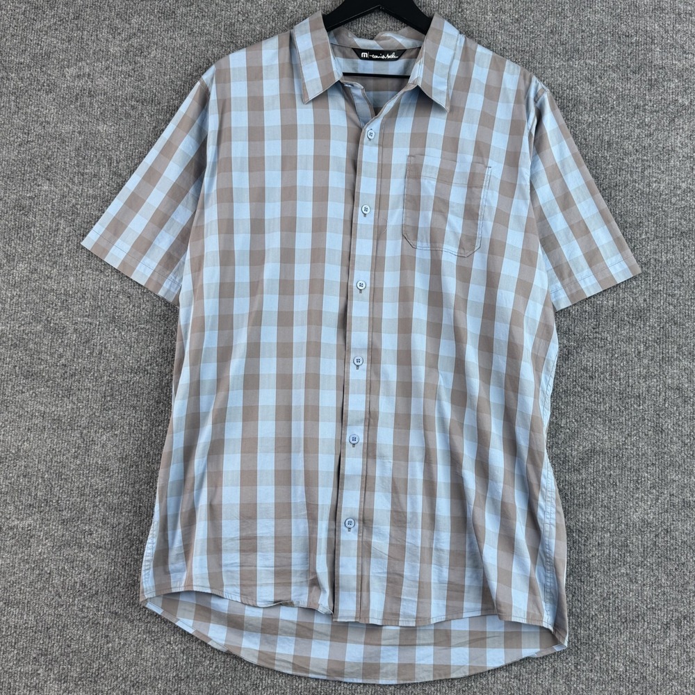 TravisMathew Button Shirt Mens XL Blue Taupe Check Short Sleeve Stretch Cotton